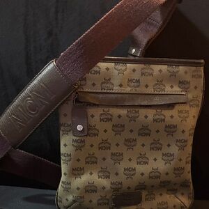 MCM Tan and Brown Logo Messenger Bag